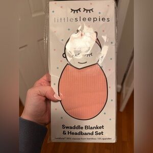 NIB Little Sleepies Swaddle Blanket & Headband Set - Bubblegum pink